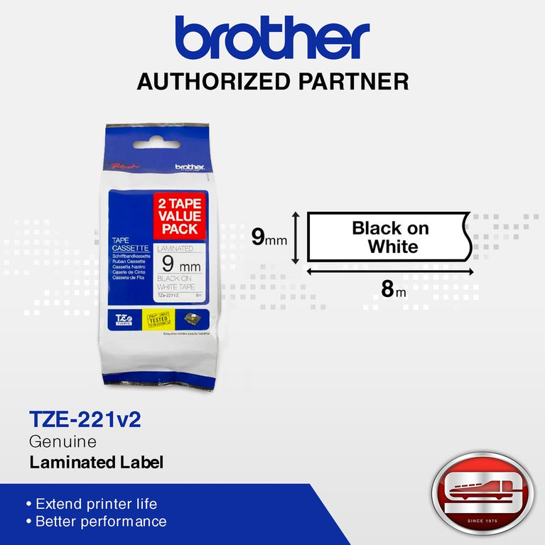 Brother TZE-221V2 9mm (0.35") Black on white Labelling Tape (100% Original)