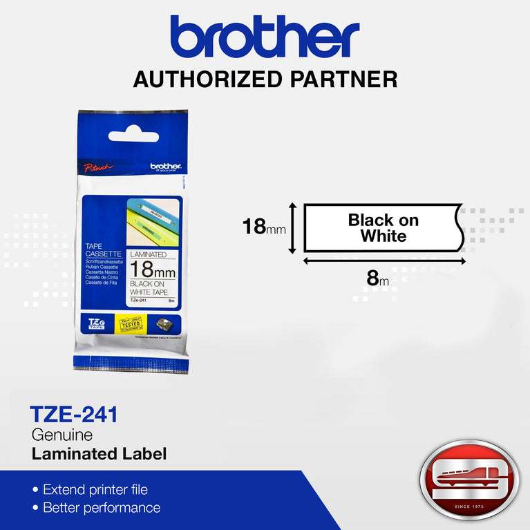 Brother TZe-241 Black on White 18mm Labelling Tape (100% Original)