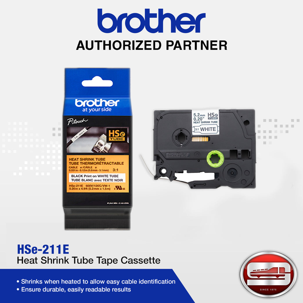 Brother HSe-211E Black on White 5.2mm Tape Cassette (100% Genuine)