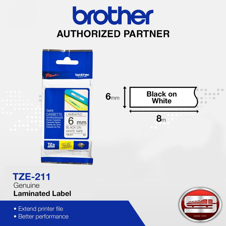 Brother TZe-211 Black on White 6mm Labelling Tape (100% Original)