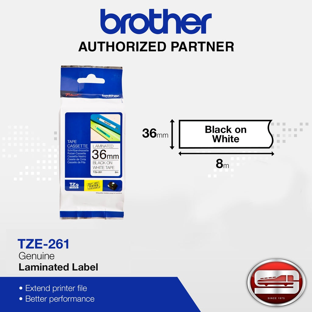 Brother TZE-261 in Black on White 36MM Labelling Tape (100% Original)