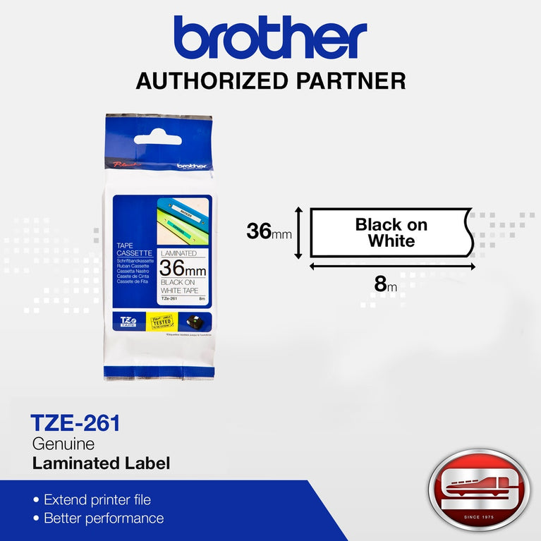 Brother TZE-261 in Black on White 36MM Labelling Tape (100% Original)