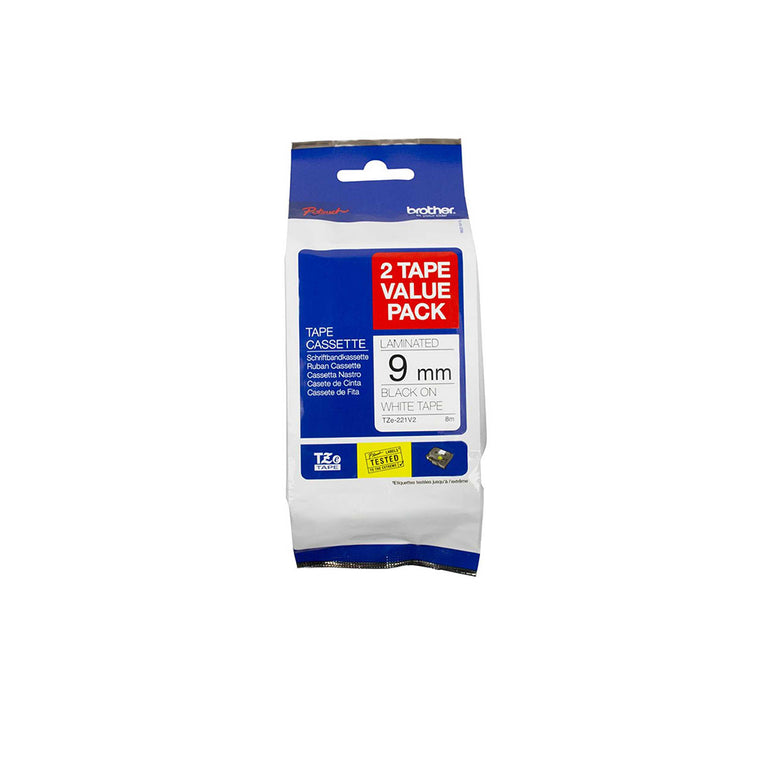 Brother TZE-221V2 9mm (0.35") Black on white Labelling Tape (100% Original)