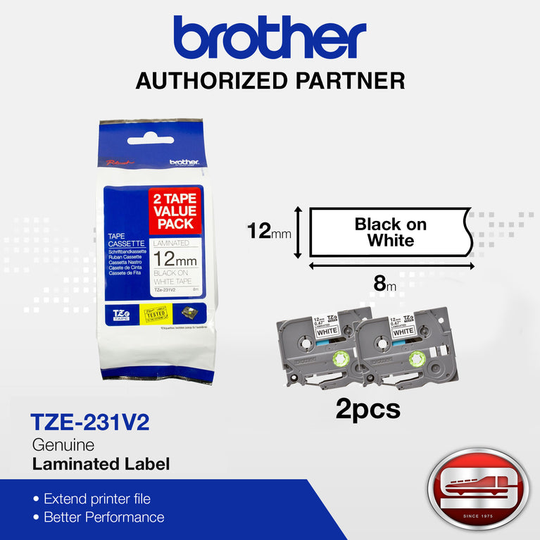 Brother TZe-231 V2 "2sets" Black on White Labelling Tape (100% Original)